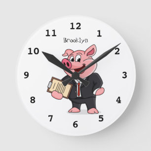 Funny pig in business suit cartoon round clock