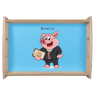 Funny pig in business suit cartoon serving tray