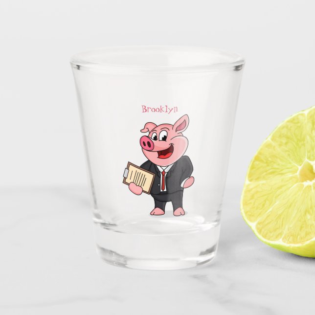 Funny pig in business suit cartoon shot glass (Front)