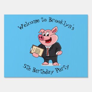 Funny pig in business suit cartoon sign