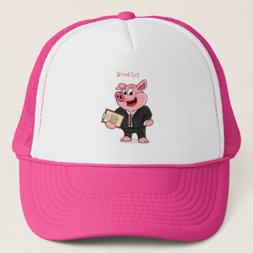 Funny pig in business suit cartoon  trucker hat
