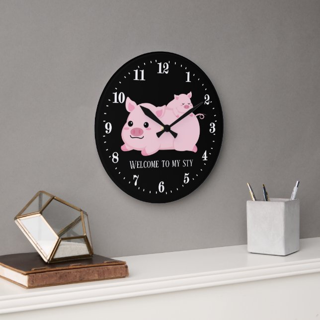 funny pig lovers sty add text large clock (Office)