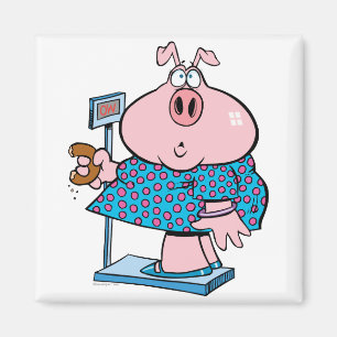 funny pig on a diet eating a donut on a scale magnet