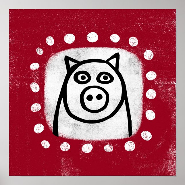 Funny Pig On Red Poster Wall Art (Front)