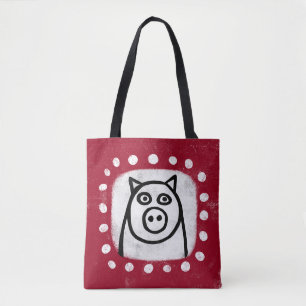 Funny Pig On Red Tote Bag