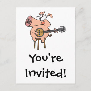 funny pig playing a banjo cartoon character invitation