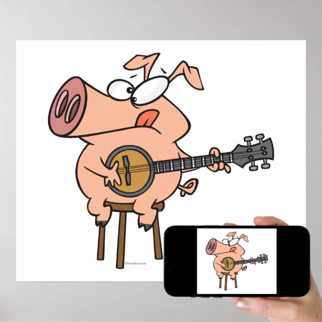 funny pig playing a banjo cartoon character poster | Zazzle