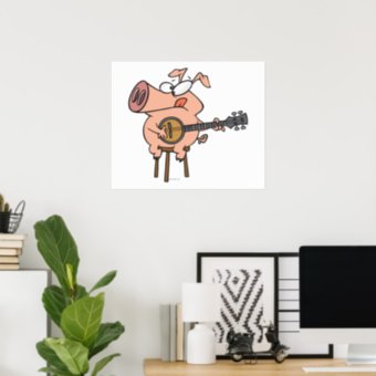 funny pig playing a banjo cartoon character poster | Zazzle