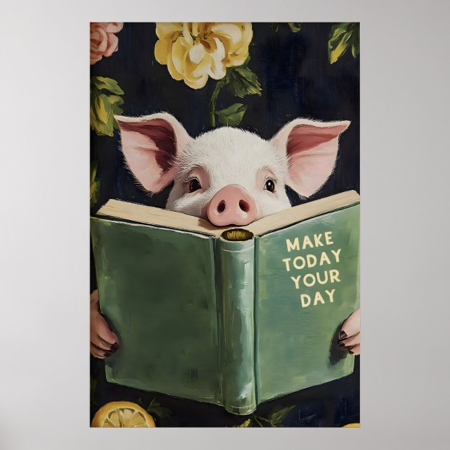 Funny Pig Reading Book – Whimsical Farmhouse Poster (Front)
