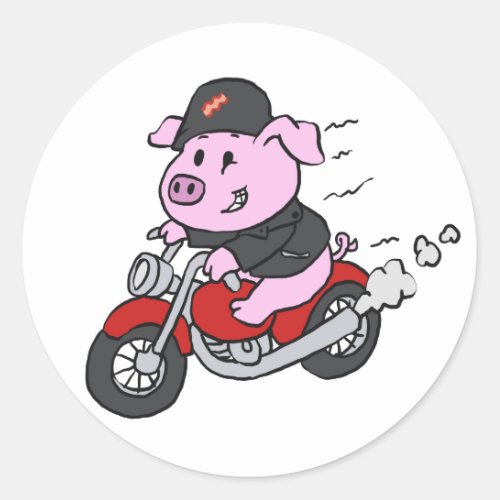 Funny pig riding motorcycle  choose back color classic round sticker