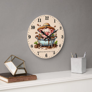 Funny pig sty add text bathroom large clock