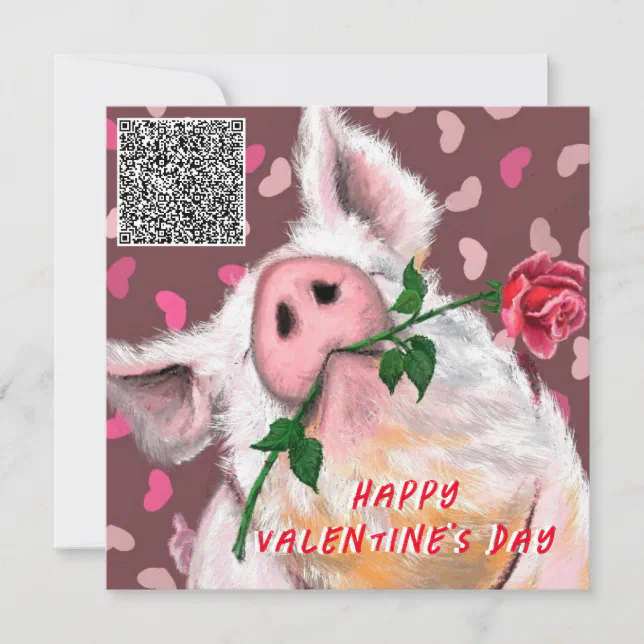 Funny Pig Valentine's Day Card with QR Code | Zazzle