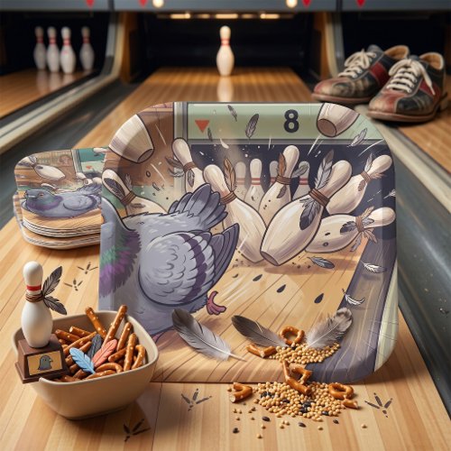Funny Pigeon Bowling Strike Cartoon Art Paper Plates
