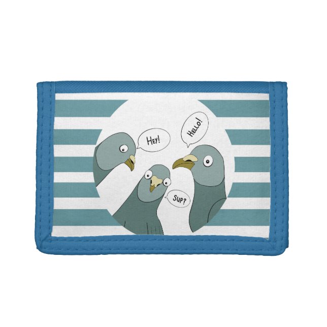 Funny Pigeon Greetings With Blue Stripes Trifold Wallet (Front)