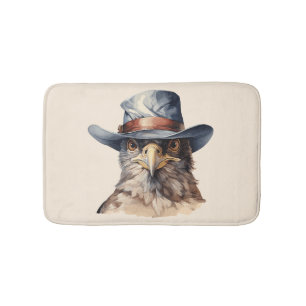 Funny pigeon wearing a cowboy hat, watercolor bath mat