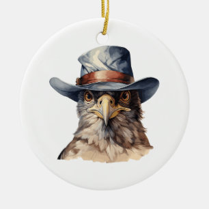 Funny pigeon wearing a cowboy hat, watercolor ceramic ornament