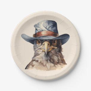 Funny pigeon wearing a cowboy hat, watercolor paper plates