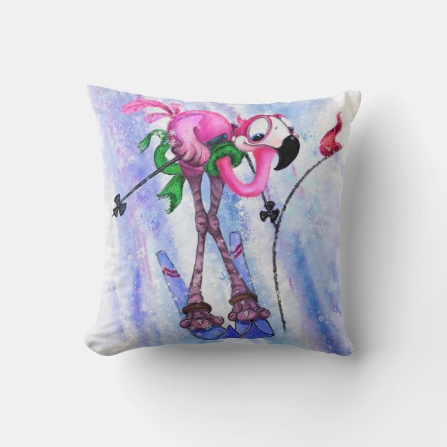 Funny Pillow with Pink Flamingo Skier (Front)