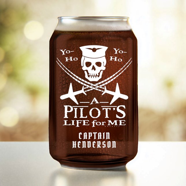 Funny Pilot Skull Airplane Pirate Humor White Name Can Glass (Creator Uploaded)