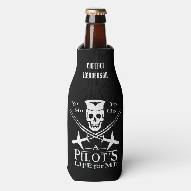 Funny Pilot Skull Airplanes Pirate Humor | Custom Bottle Cooler (Bottle Front)