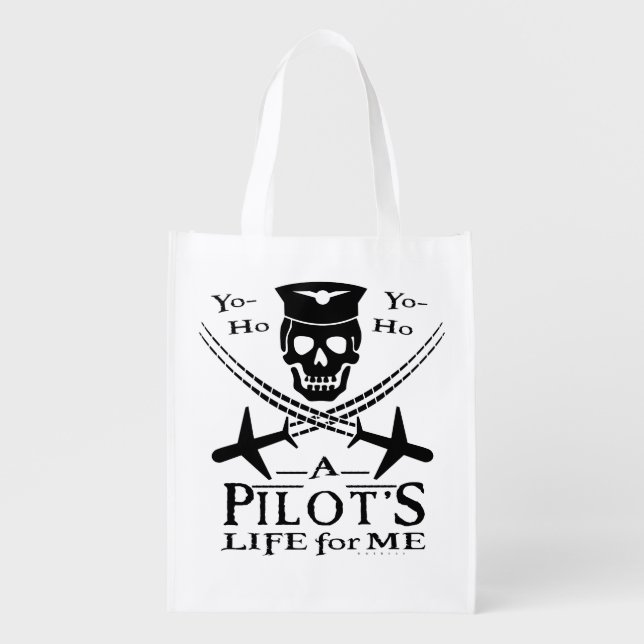 Funny Pilot Skull Cross Airplanes Pirate Humor Grocery Bag (Front)