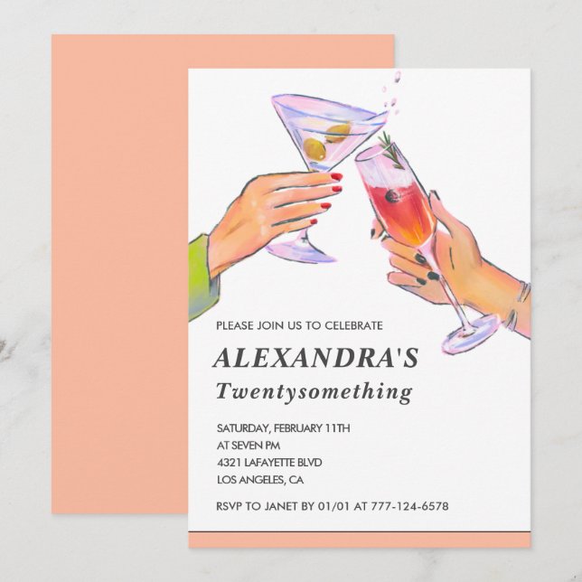  Funny Pink 27th birthday invitation Cocktail (Front/Back)