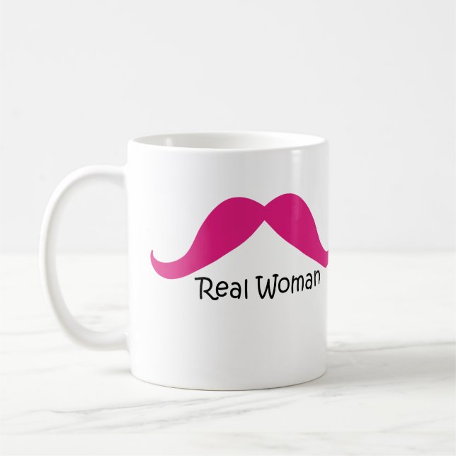Funny Pink and Black Real Women Mustache Coffee Mug (Left)