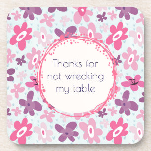 Funny Pink and Purple Retro Flower Pattern Beverage Coaster