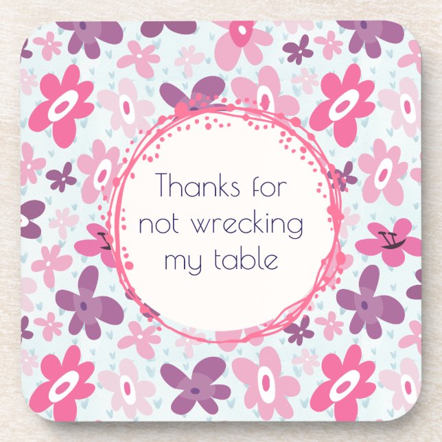 Funny Pink and Purple Retro Flower Pattern Beverage Coaster (Front)