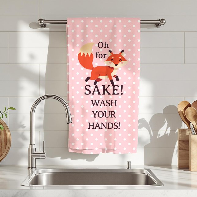 Funny Pink and White Polka Dot Oh For Fox Sake  Hand Towel (Pink and White Polka Dot Oh For Fox Sake Kitchen or Bathroom Hand Towel)
