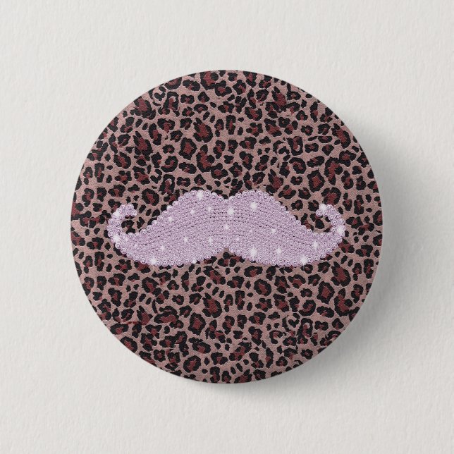 Funny Pink Bling Mustache And Animal Print Pattern Button (Front)