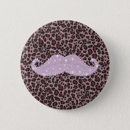 Funny Pink Bling Mustache And Animal Print Pattern Button