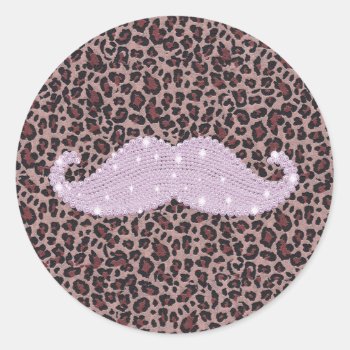 Funny Pink Bling Mustache And Animal Print Pattern Classic Round Sticker by mustache_designs at Zazzle