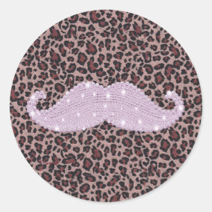 Funny Pink Bling Mustache And Animal Print Pattern Classic Round Sticker
