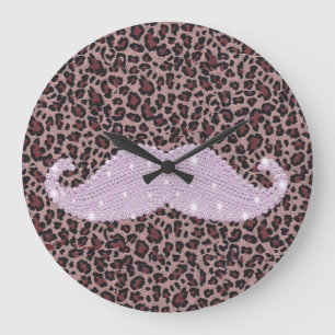Funny Pink Bling Mustache And Animal Print Pattern Large Clock