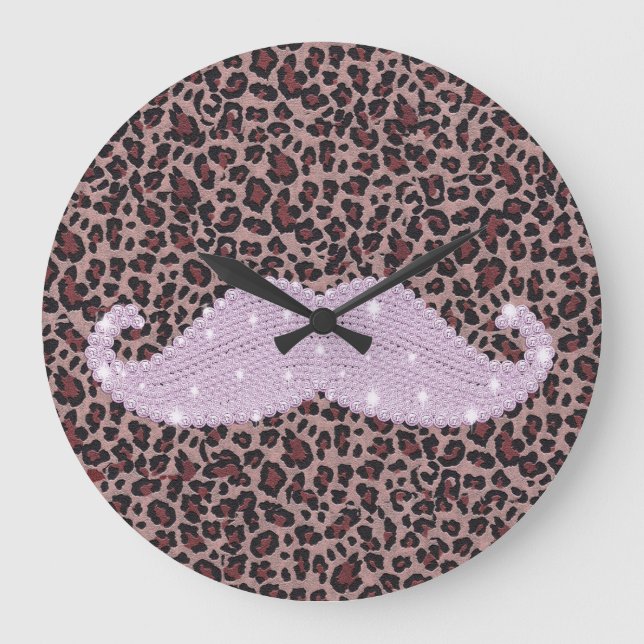Funny Pink Bling Mustache And Animal Print Pattern Large Clock (Front)