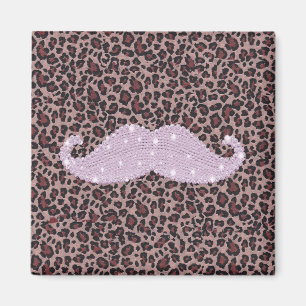 Funny Pink Bling Mustache And Animal Print Pattern Magnet