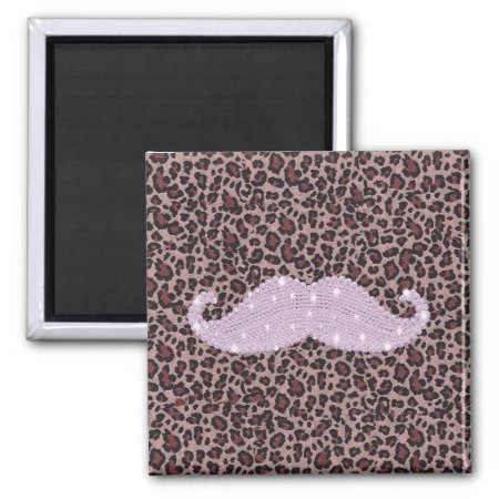 Funny Pink Bling Mustache And Animal Print Pattern Magnet