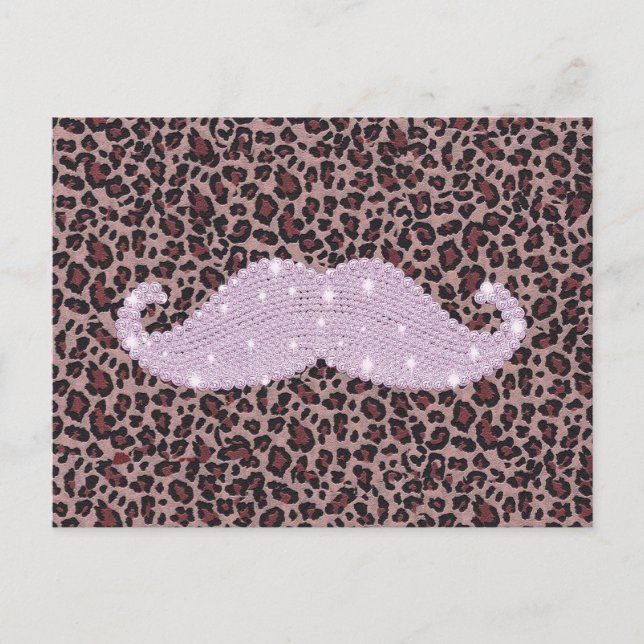 Funny Pink Bling Mustache And Animal Print Pattern Postcard (Front)