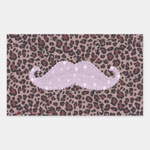 Funny Pink Bling Mustache And Animal Print Pattern Rectangular Sticker