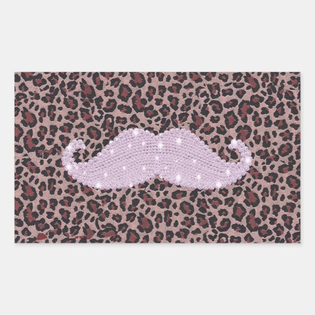 Funny Pink Bling Mustache And Animal Print Pattern Rectangular Sticker (Front)