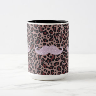 Funny Pink Bling Mustache And Animal Print Pattern Two-Tone Coffee Mug