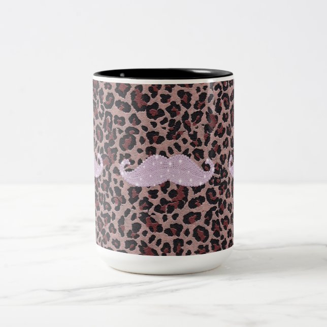 Funny Pink Bling Mustache And Animal Print Pattern Two-Tone Coffee Mug (Center)