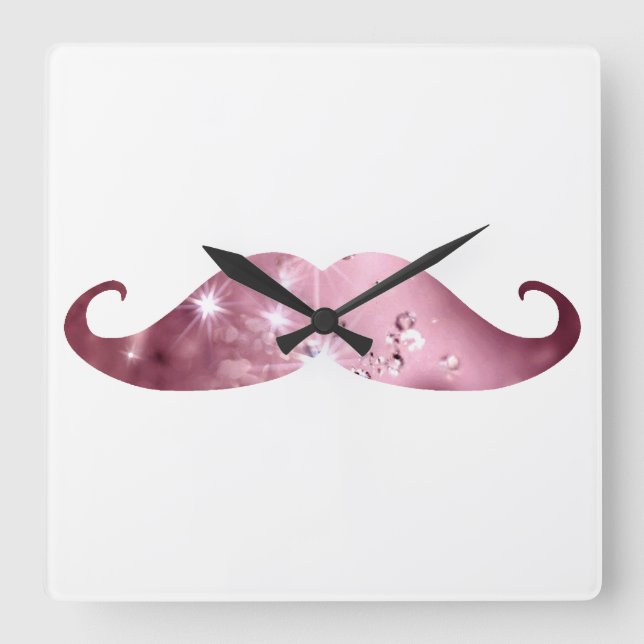 Funny Pink Bling Mustache Square Wall Clock (Front)