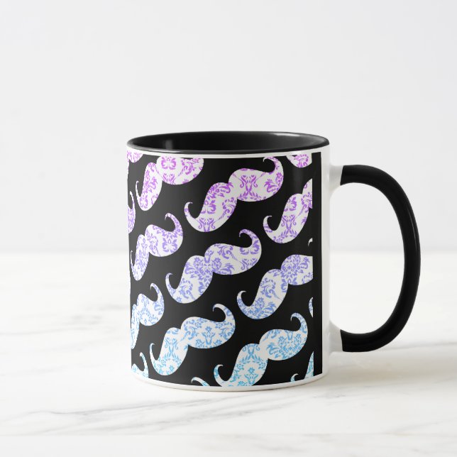 Funny Pink Blue Floral Damask Mustache Pattern Mug (Right)