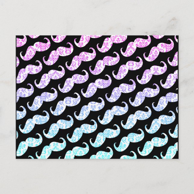 Funny Pink Blue Floral Damask Mustache Pattern Postcard (Front)