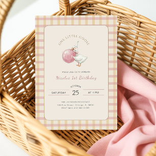 Funny Pink Bow One Little Goose 1st Birthday Party Invitation
