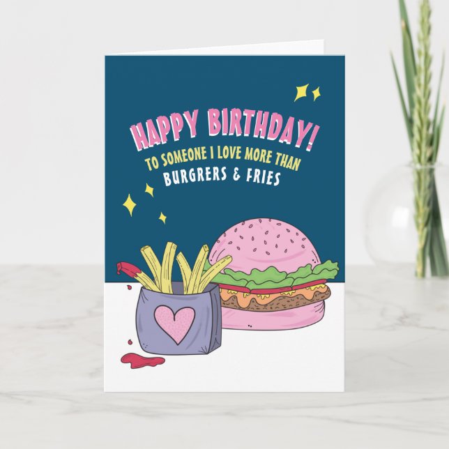 Funny Pink Burger and Fries Happy Birthday Card (Front)