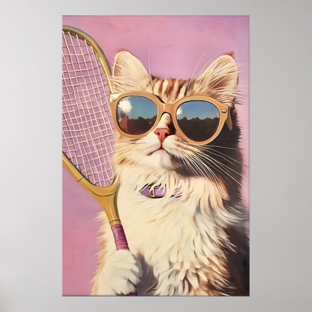 Funny Pink Cat Tennis Art Print - Cute Wall for (Front)