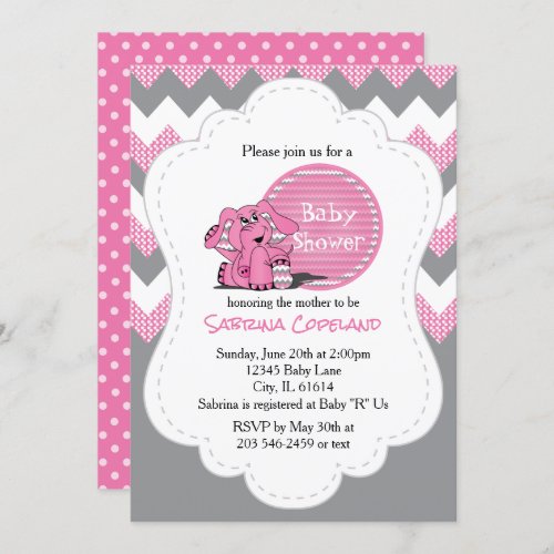 Funny Pink Chevron Silly Elephant  Baby Shower Invitation